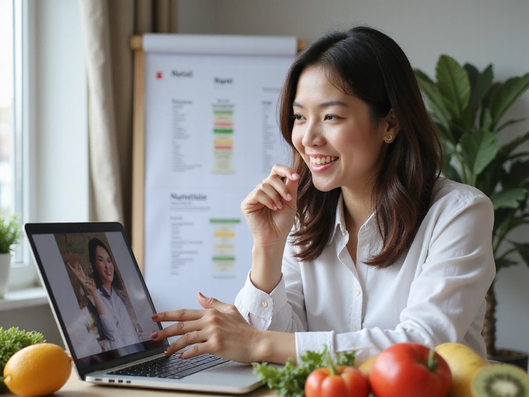 A professional and caring nutritionist interacting with a client online, demonstrating a personalized approach to health.