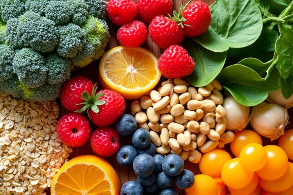 Diverse healthy food items arranged aesthetically.